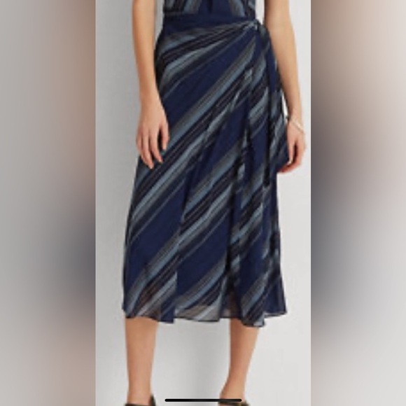 Ralph Lauren Black Label Navy Stripe Georgette Cascade Ruffle A-Line Midi Skirt - Picture 15 of 15